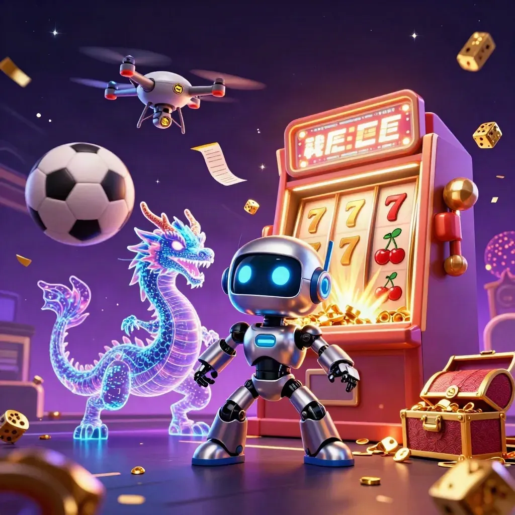 Cyberpunk robot, digital dragon and coin drone amid jackpot bursts, balls, gold and neon casino energy.