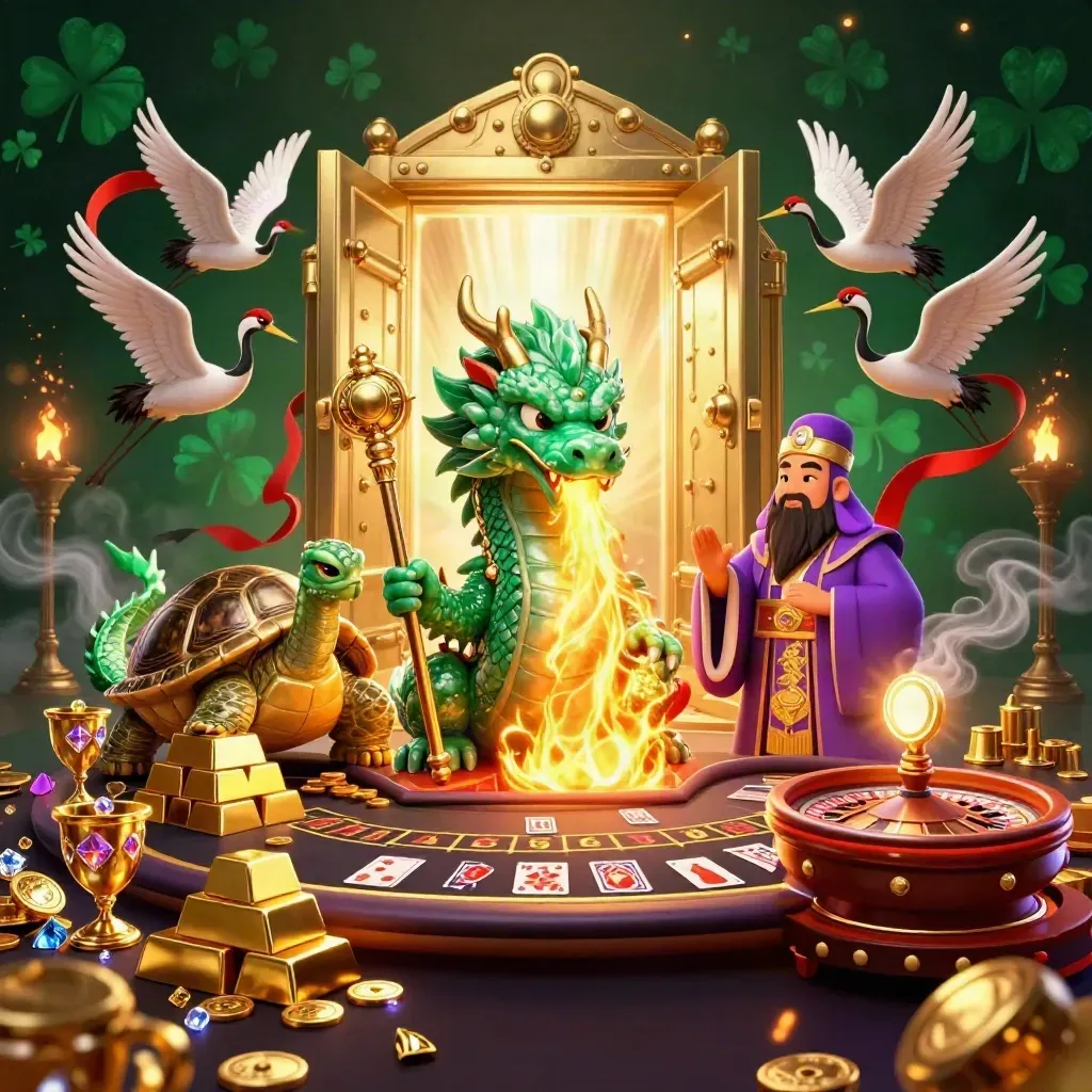 Dragon, turtle sage, and cranes amid vault gold, roulette spin, jewels, and casino glow.