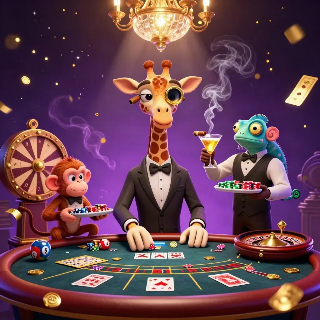 Luxe purple casino scene with giraffe, monkey, and chameleon amid roulette glow and gold sparks