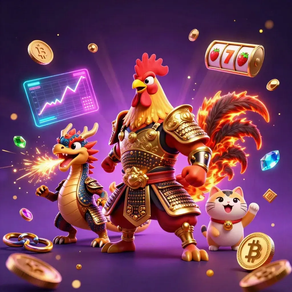 Rooster warrior, dragon hatchling, and fortune cat burst through purple casino energy.