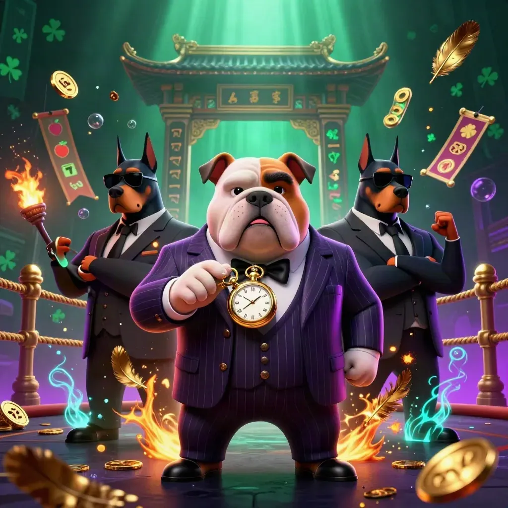 Bulldog casino boss with Doberman guards amid gold, neon glow, temple gate, and jackpot energy.