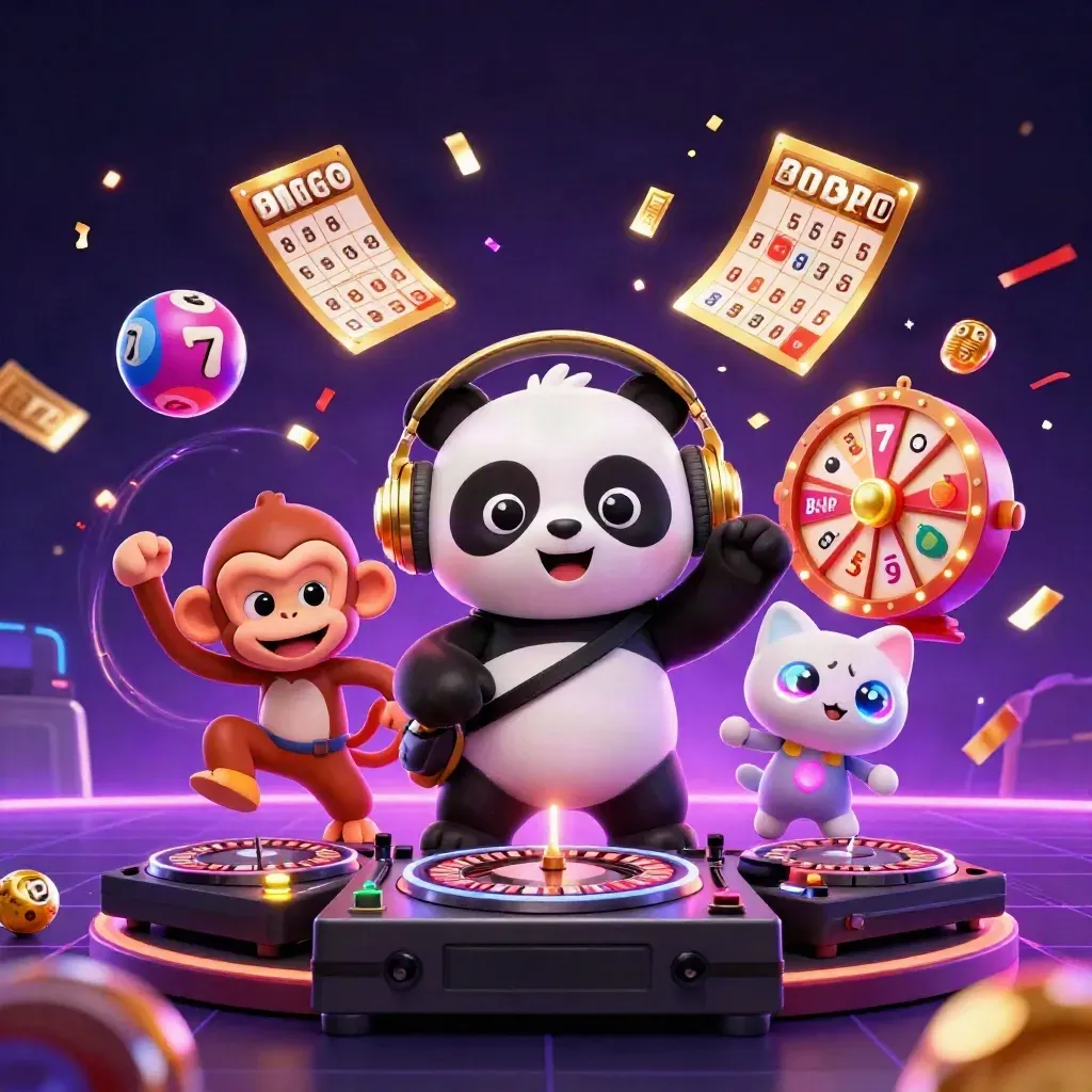 DJ panda, monkey, and glow-stick kitten explode in neon casino energy and jackpot effects.