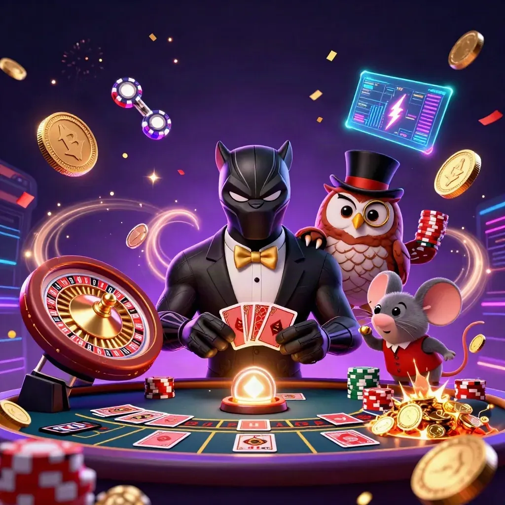 Panther, owl and mouse amid roulette, crypto coins, fireworks and casino jackpot energy