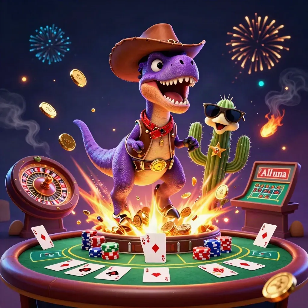 Cowboy T-Rex, cactus sidekick and roadrunner amid vault bursts, chips, coins, and roulette glow.