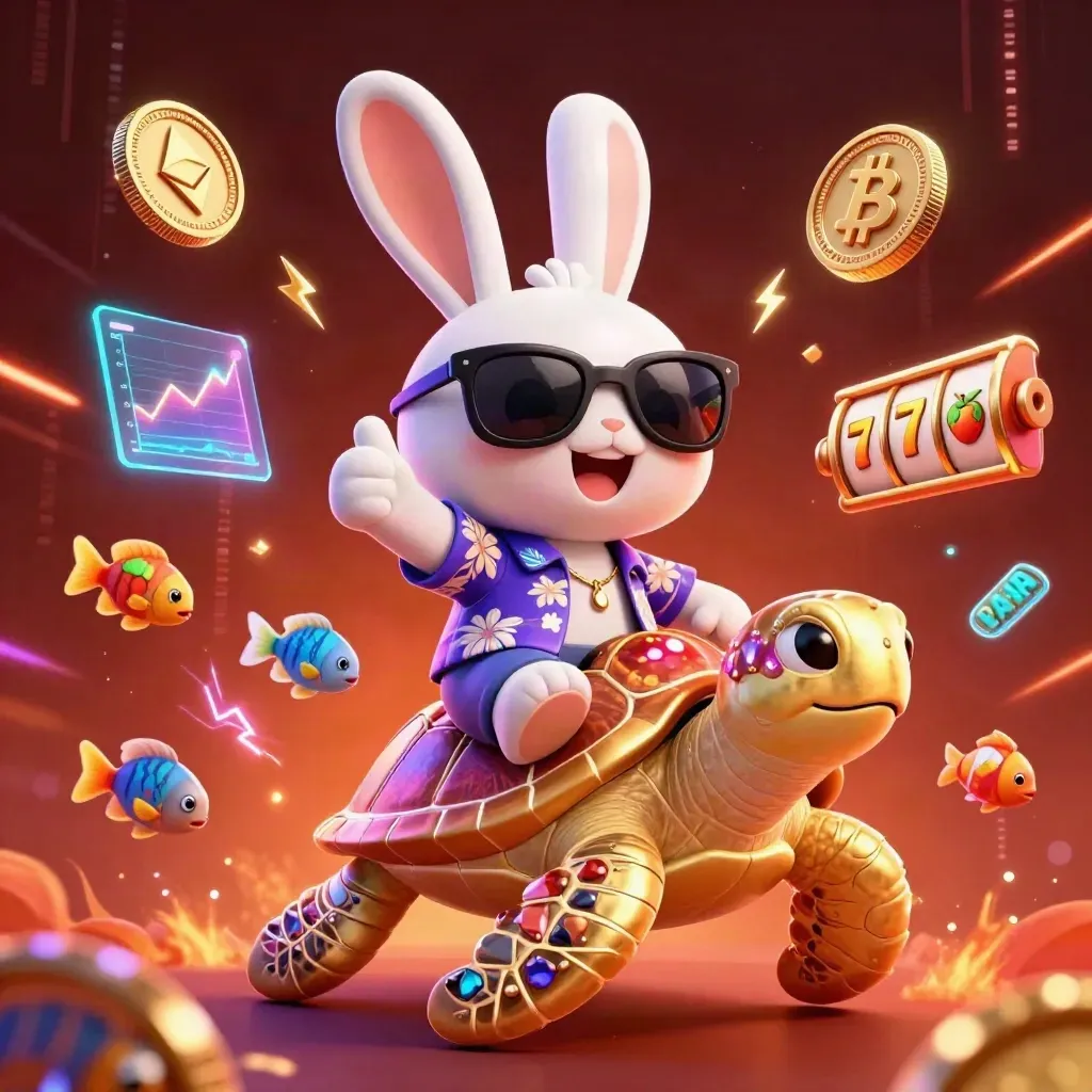 Rabbit in sunglasses rides a golden turtle amid casino coins, reels, and neon energy