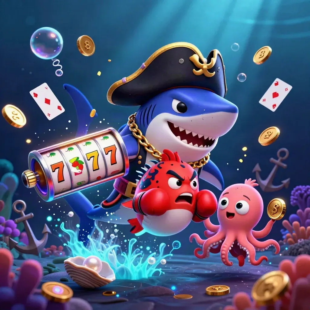 Pirate shark, boxing pufferfish, and coin-juggling octopus in a neon underwater jackpot cove