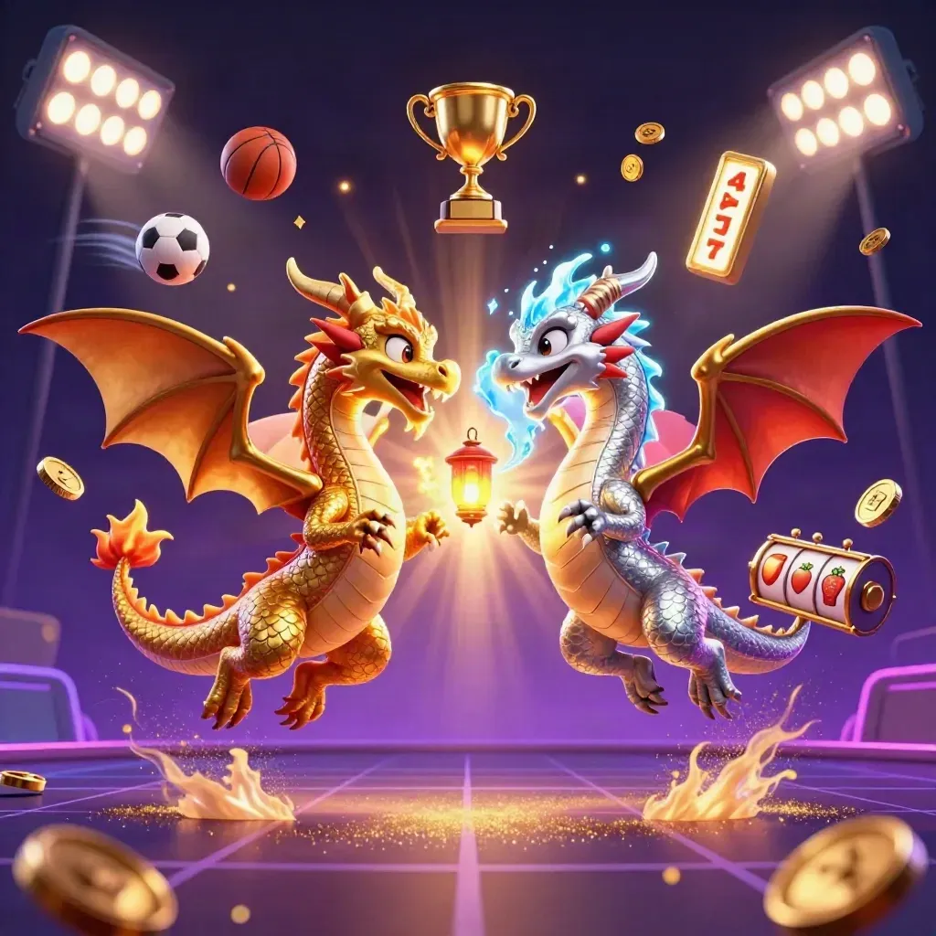 Gold and silver dragons forming a yin-yang with casino and sports jackpot effects.